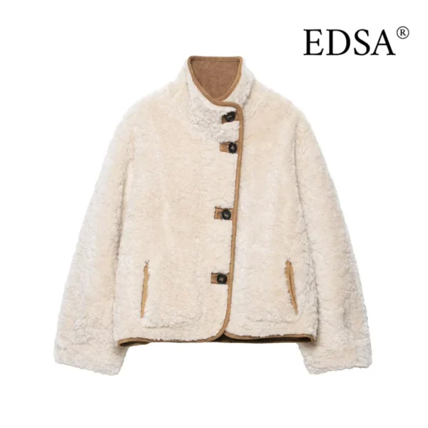Edsa feminino quente grosso jaqueta reversível fofo emenda grande lapela casacos feminino manga longa outerwear inverno senhora