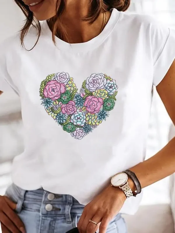 kf-S3973979e8df44d688368200020598916W Manga curta casual senhoras moda feminina gráfico camiseta feminina amor coração aquarela doce impressão verão t roupas camisetas