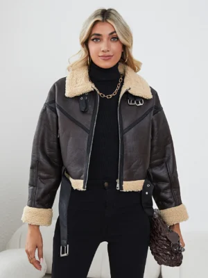 Casaco feminino de couro sintético Sherpa Motor Jacket Bomber Aviator cortado