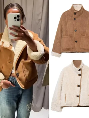 Edsa feminino quente grosso jaqueta reversível fofo emenda grande lapela casacos feminino manga longa outerwear inverno senhora