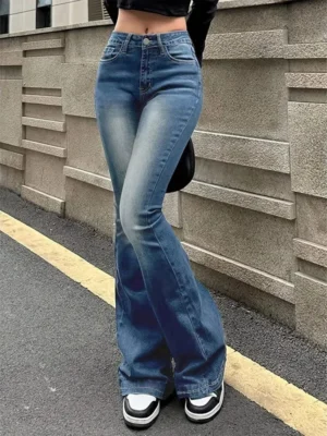 2025 meninas concisas ins cintura alta queimado jeans feminino elástico bootcut calças jeans feminino cor sólida fina sino bottoms