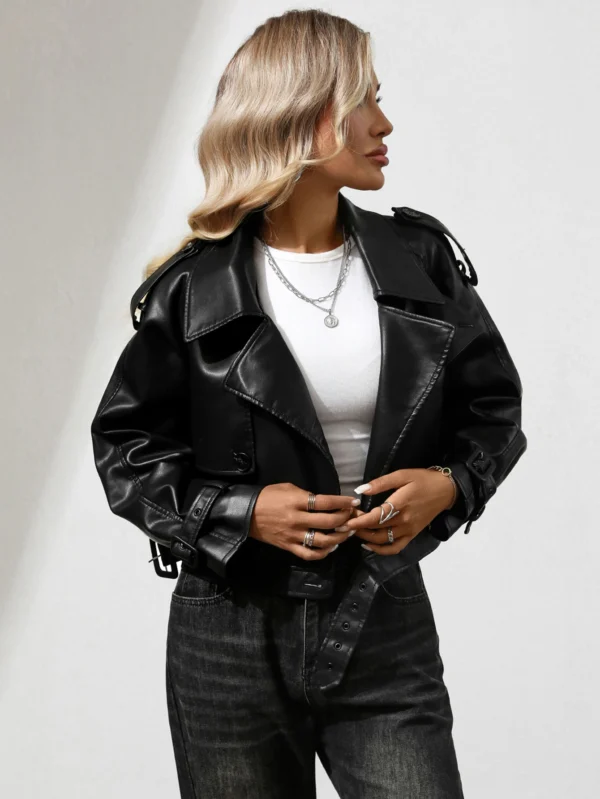 Fitaylor Jaqueta feminina de couro sintético com lapela para motocicleta casaco casual verde claro