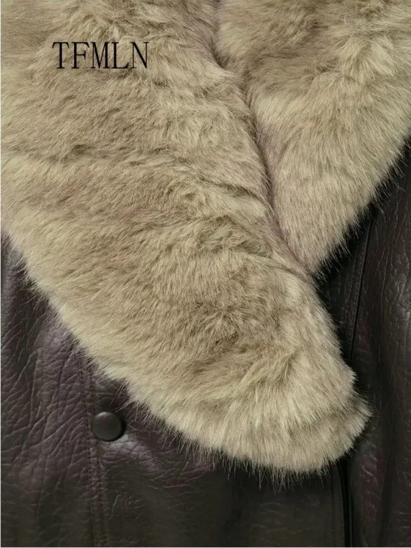Tfmln 2025 inverno feminino solto jaqueta de couro falso moda removida grande gola de pele casaco causal high street duplo breasted outwear