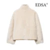Edsa feminino quente grosso jaqueta reversível fofo emenda grande lapela casacos feminino manga longa outerwear inverno senhora
