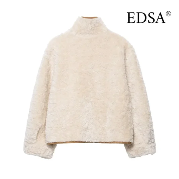 Edsa feminino quente grosso jaqueta reversível fofo emenda grande lapela casacos feminino manga longa outerwear inverno senhora