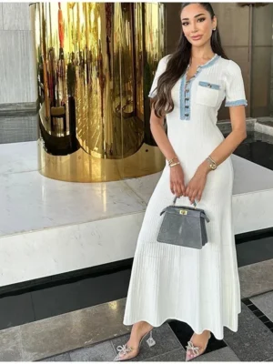 Elegante contraste feminino malha maxi vestido chique o pescoço manga curta botões de metal bodycon vestidos senhora do escritório viajando robe